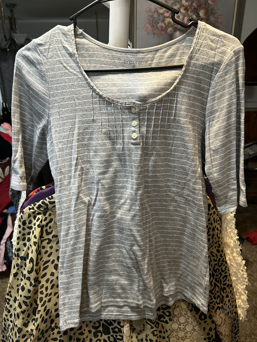 Liz Claiborne Women's Gray Striped 3/4 Sleeve Cotton Top Size Small